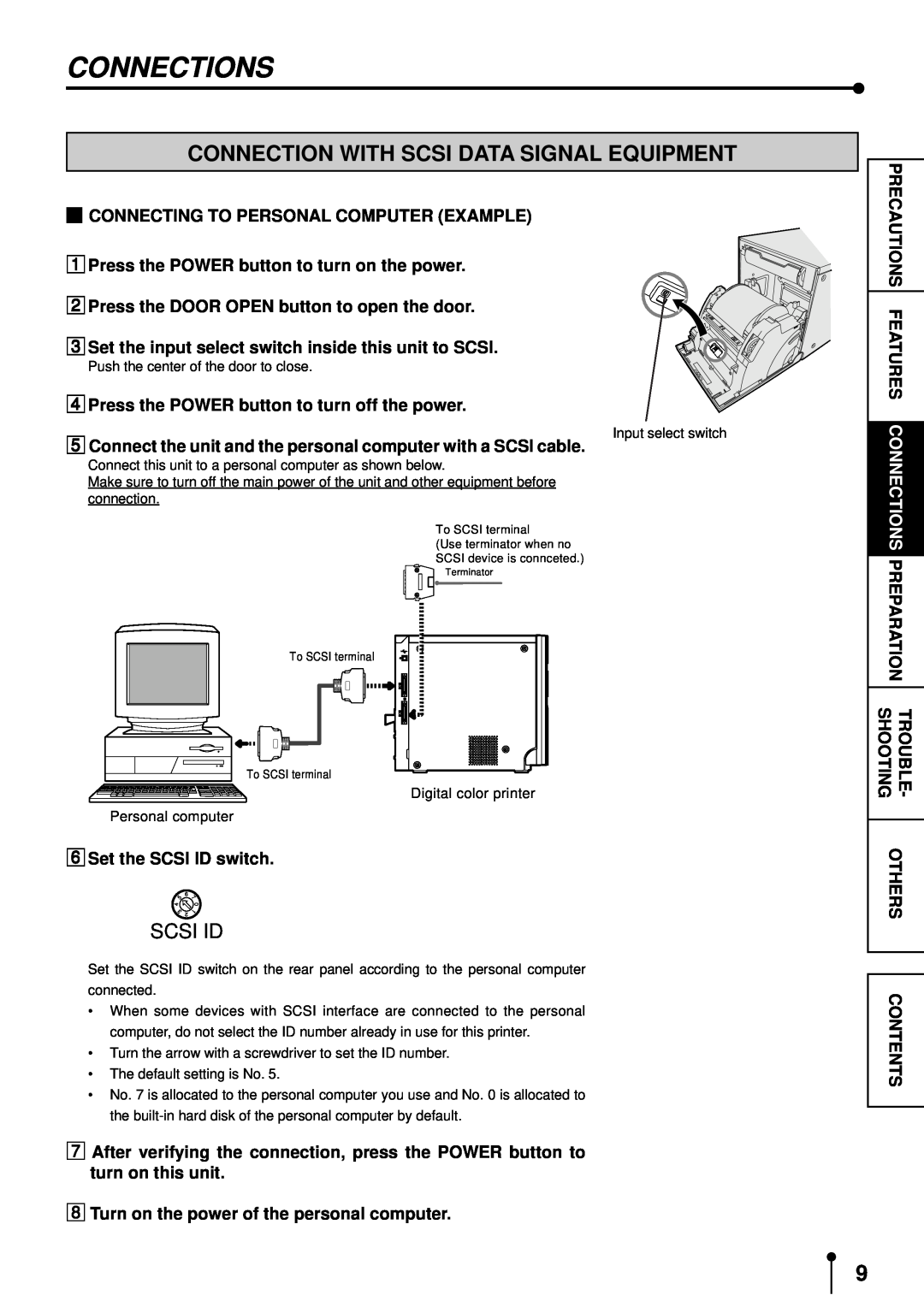 Mitsubishi Electronics CP9500DW Connections, Connection With Scsi Data Signal Equipment, Scsi Id, Set the SCSI ID switch 