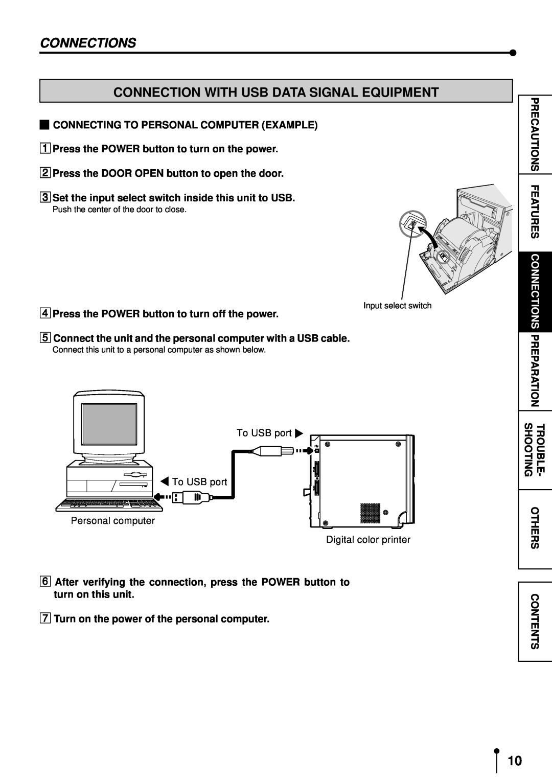 Mitsubishi Electronics CP9500DW operation manual Connections, Connection With Usb Data Signal Equipment, Contents 