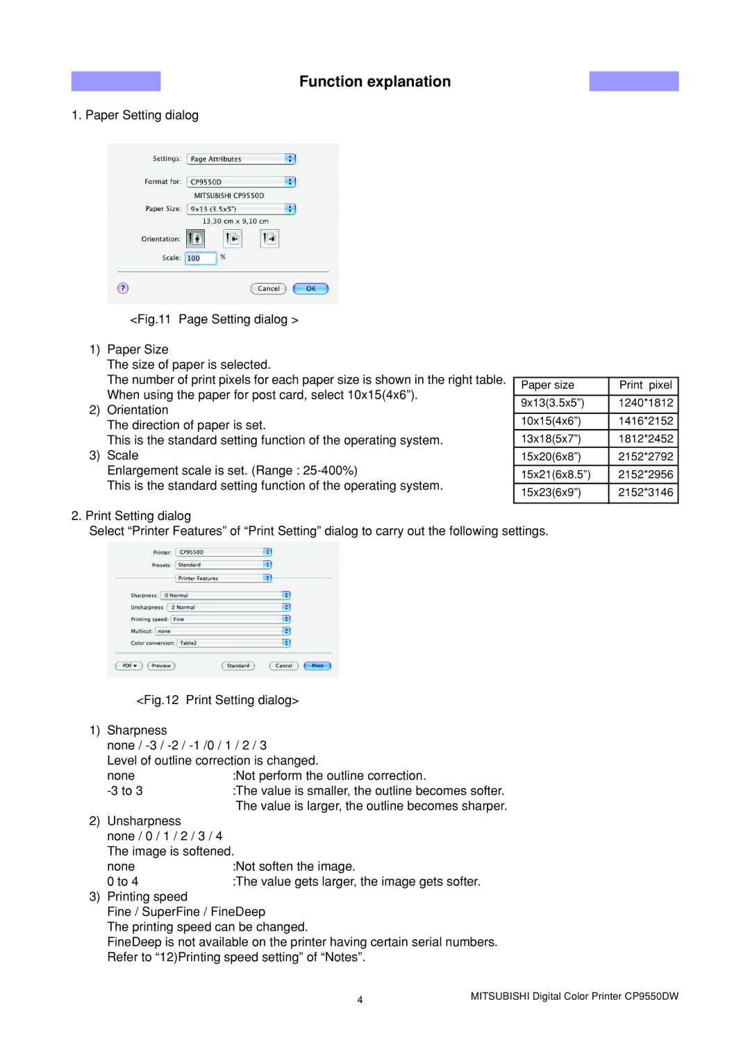 Mitsubishi Electronics CP9550DW1 manual Function explanation, Paper Setting dialog 