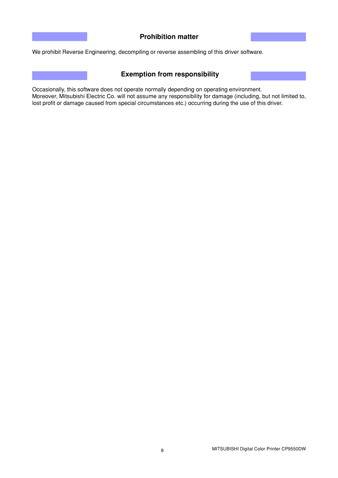 Mitsubishi Electronics CP9550DW1 manual Prohibition matter, Exemption from responsibility 