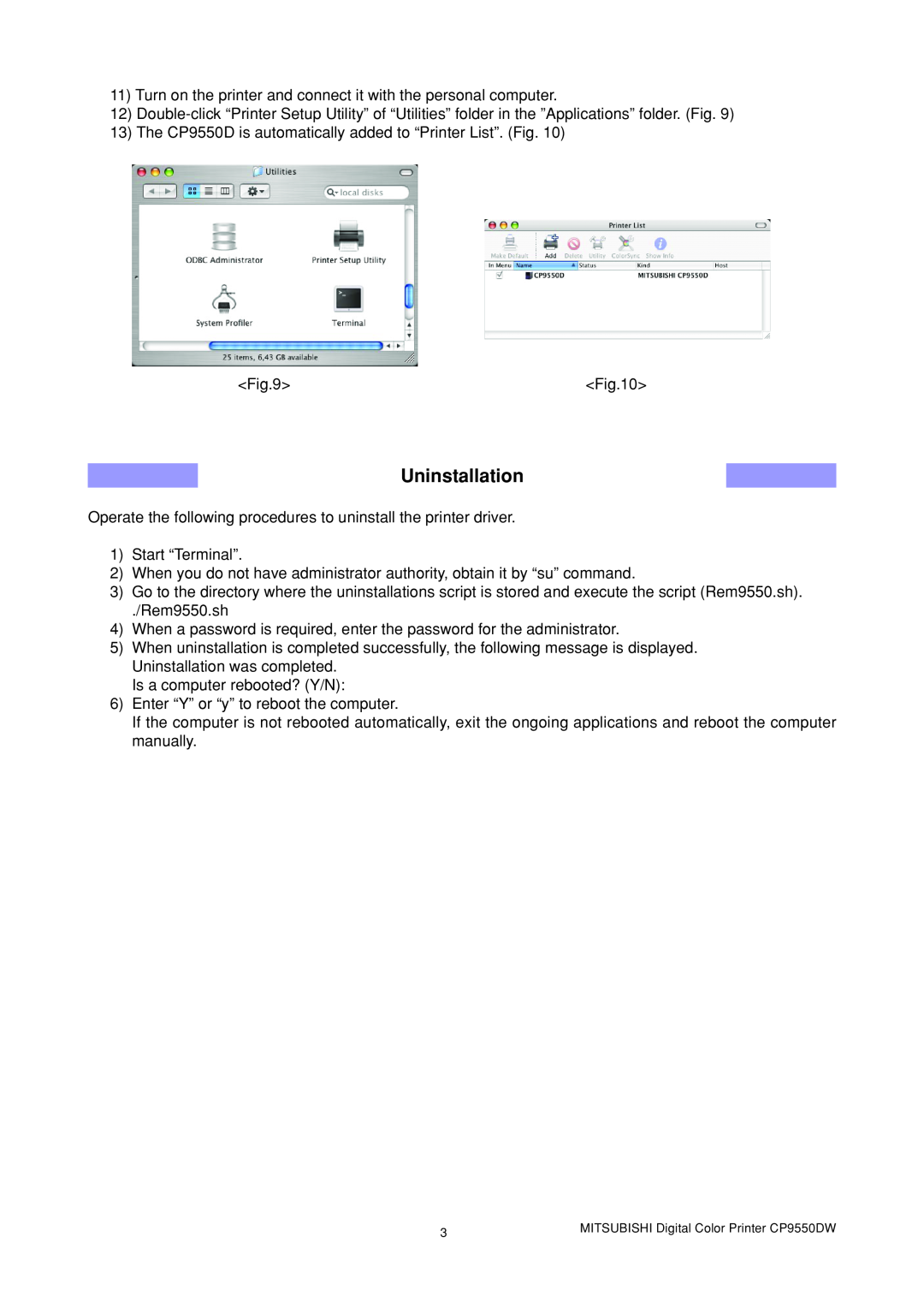 Mitsubishi Electronics CP9550DW1 manual Uninstallation 