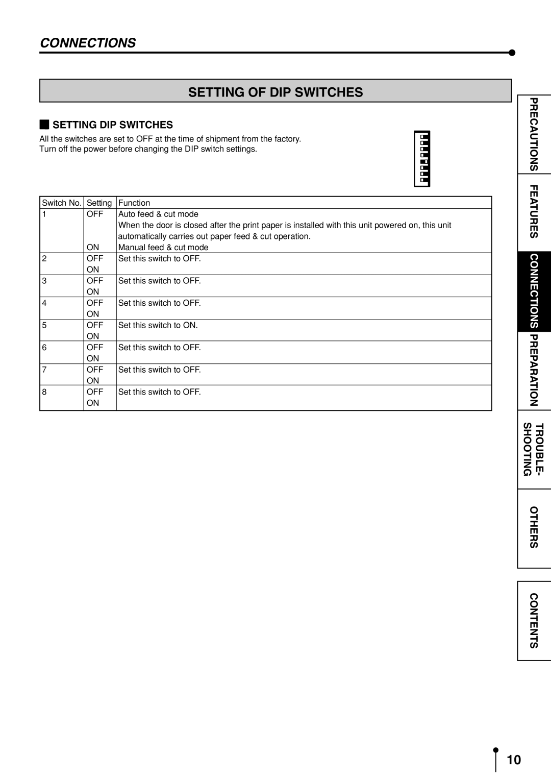 Mitsubishi Electronics CP9600DW-S operation manual Connections, Setting of DIP Switches, Setting DIP Switches 