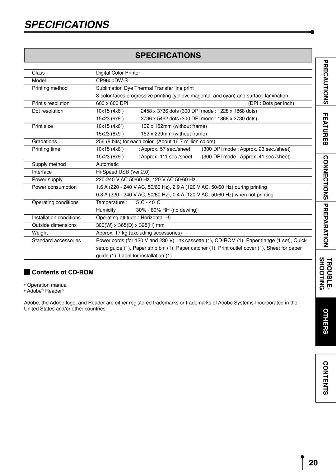 Mitsubishi Electronics CP9600DW-S operation manual Specifications, Contents of CD-ROM 