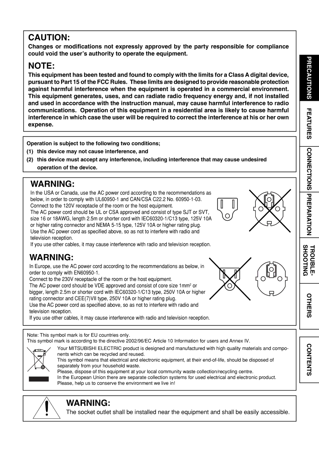 Mitsubishi Electronics CP9600DW-S operation manual Contents 