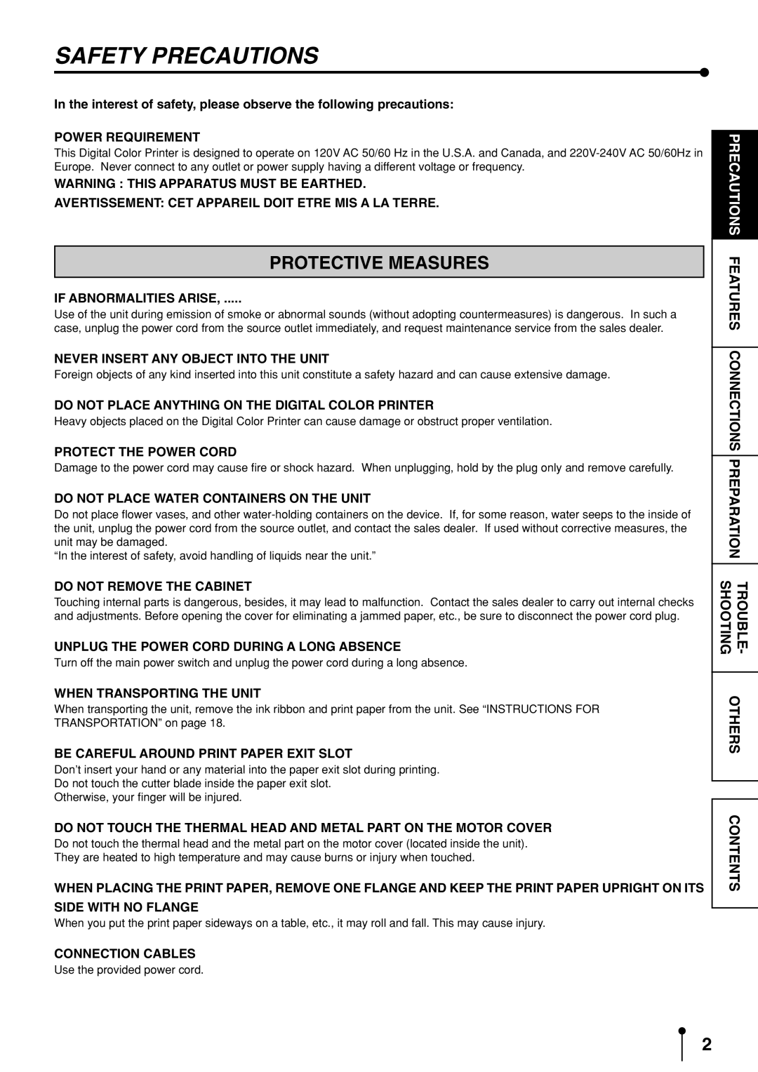 Mitsubishi Electronics CP9600DW-S operation manual Safety Precautions, Protective Measures 