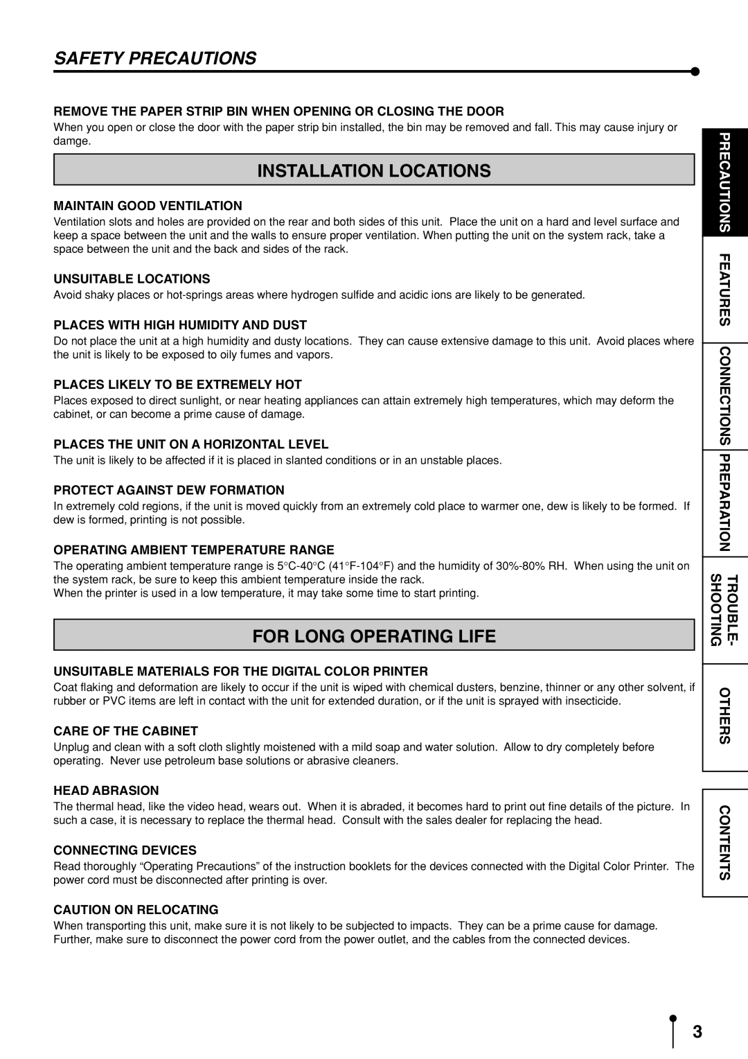 Mitsubishi Electronics CP9600DW-S operation manual Safety Precautions, Installation Locations, For Long Operating Life 