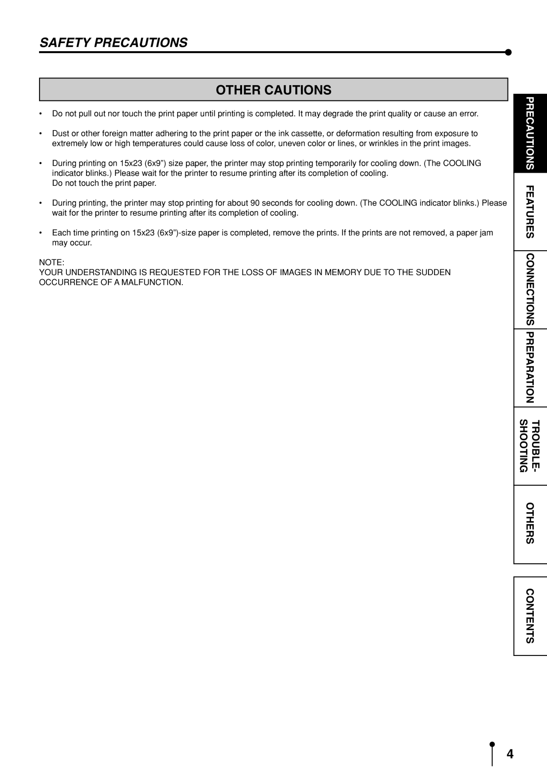 Mitsubishi Electronics CP9600DW-S operation manual Other Cautions 