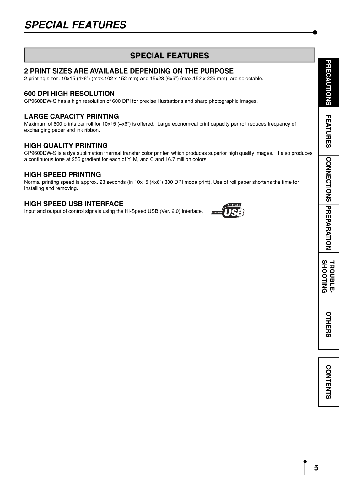 Mitsubishi Electronics CP9600DW-S operation manual Special Features 