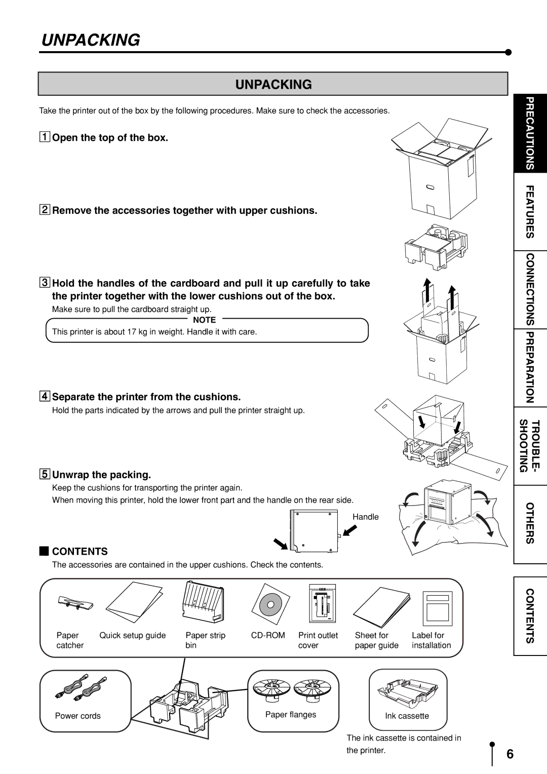 Mitsubishi Electronics CP9600DW-S operation manual Unpacking, Separate the printer from the cushions, Unwrap the packing 