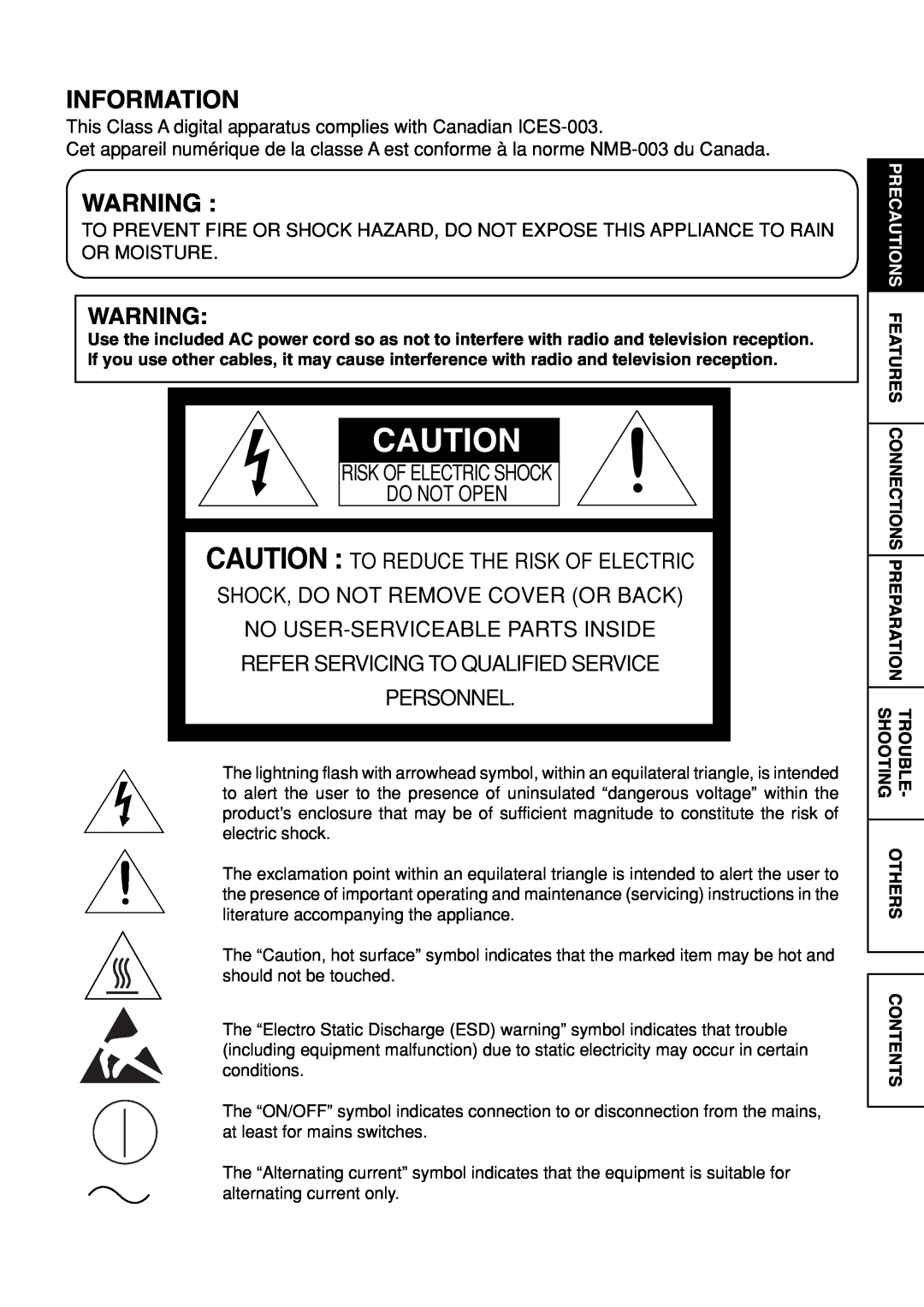 Mitsubishi Electronics CP9600DW-S Information, Risk Of Electric Shock Do Not Open, Caution To Reduce The Risk Of Electric 