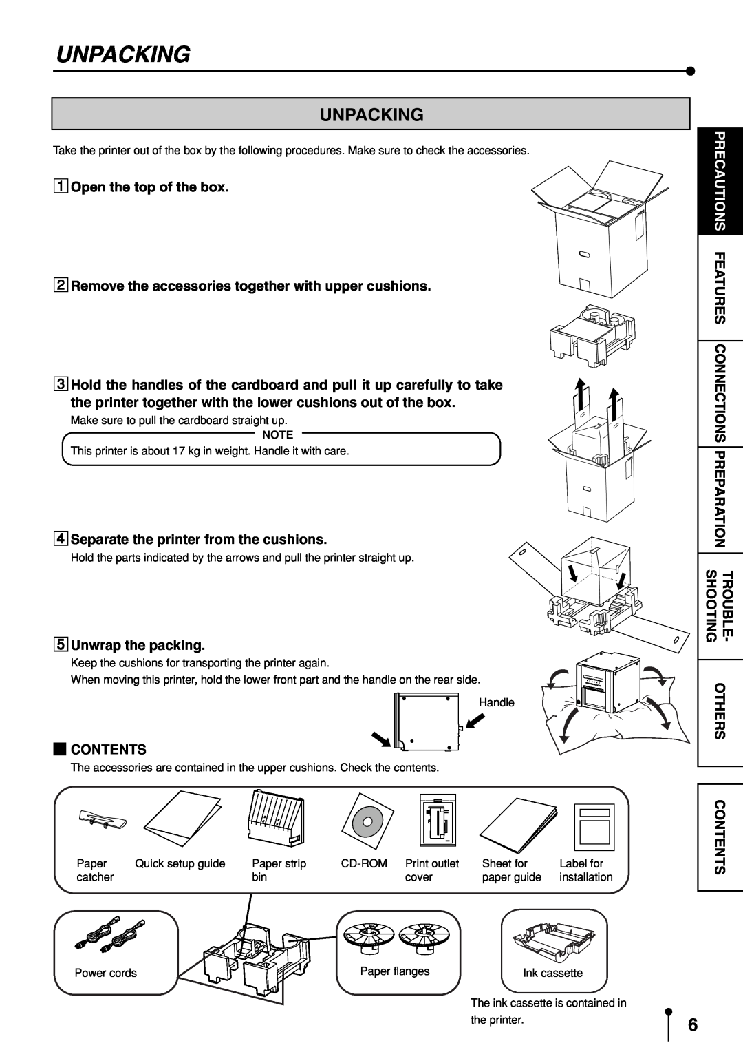 Mitsubishi Electronics CP9600DW-S Unpacking, Open the top of the box, Remove the accessories together with upper cushions 