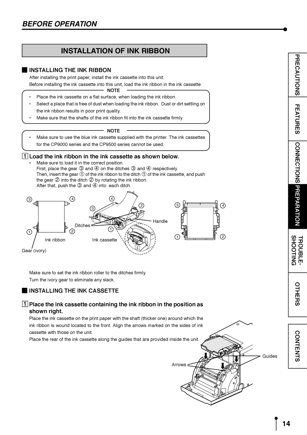 Mitsubishi Electronics CP9800DW Installation of INK Ribbon, Installing the INK Ribbon, Installing the INK Cassette 