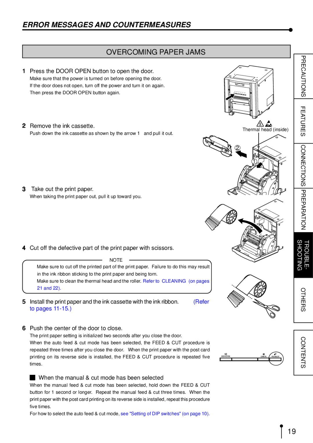 Mitsubishi Electronics CP9800DW operation manual Error Messages and Countermeasures, Overcoming Paper Jams 