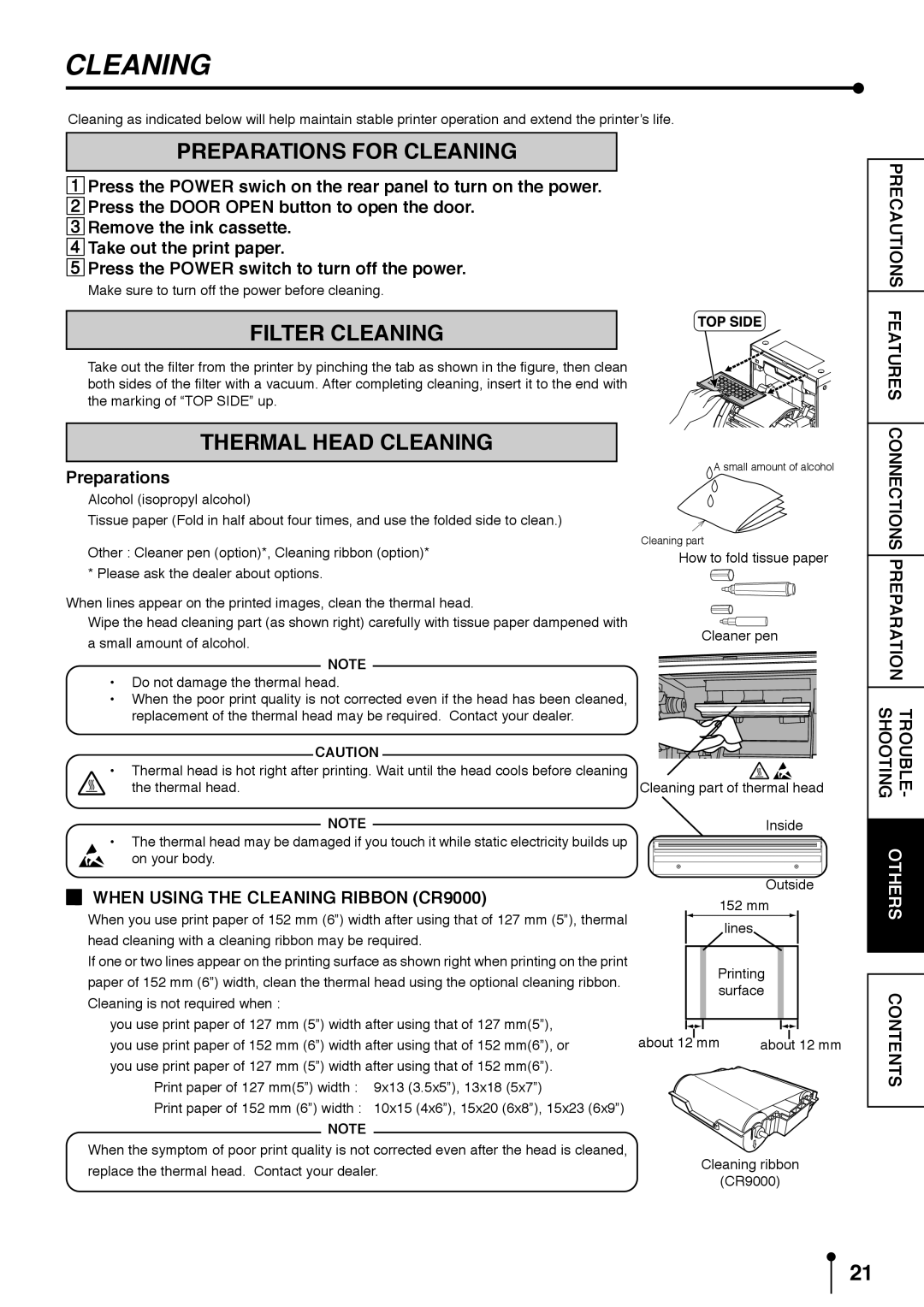 Mitsubishi Electronics CP9800DW operation manual Preparations for Cleaning, Filter Cleaning, Thermal Head Cleaning 