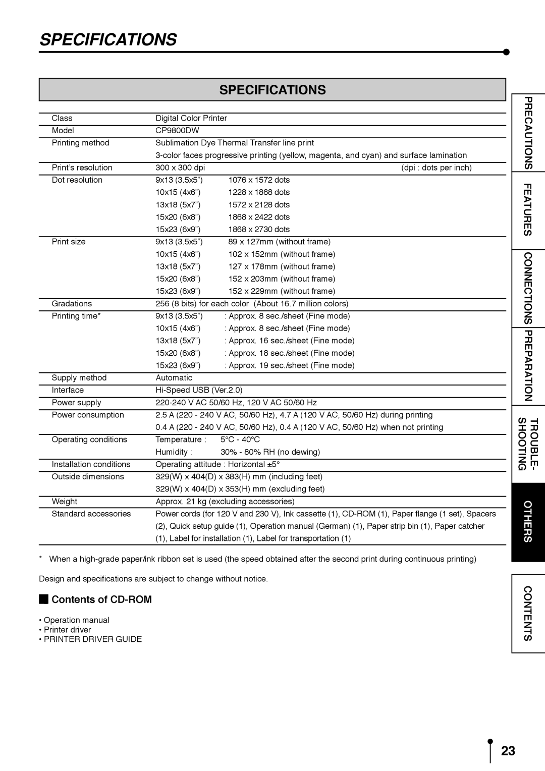 Mitsubishi Electronics CP9800DW operation manual Specifications, Contents of CD-ROM 