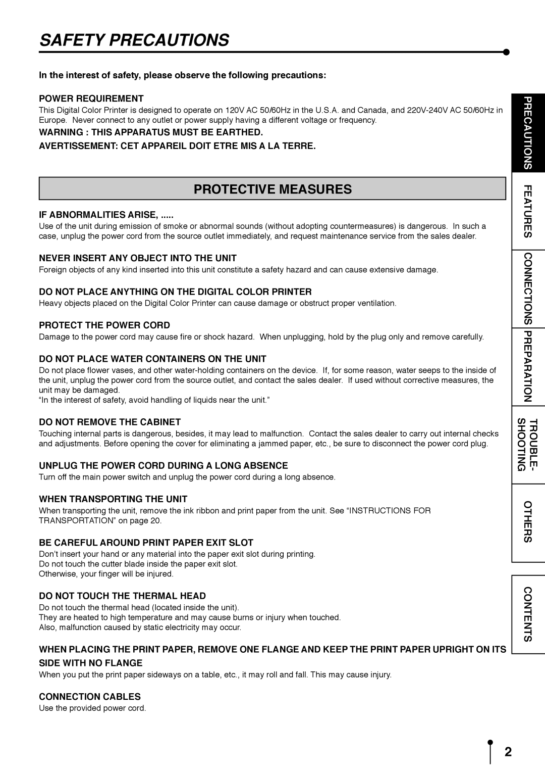 Mitsubishi Electronics CP9800DW operation manual Safety Precautions, Protective Measures 