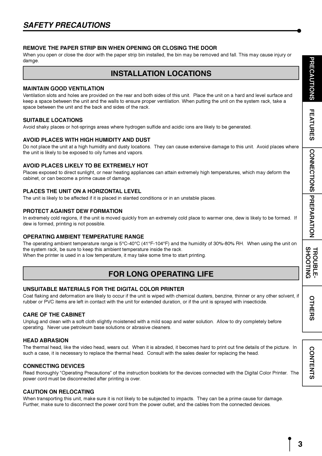 Mitsubishi Electronics CP9800DW operation manual Safety Precautions, Installation Locations, For Long Operating Life 