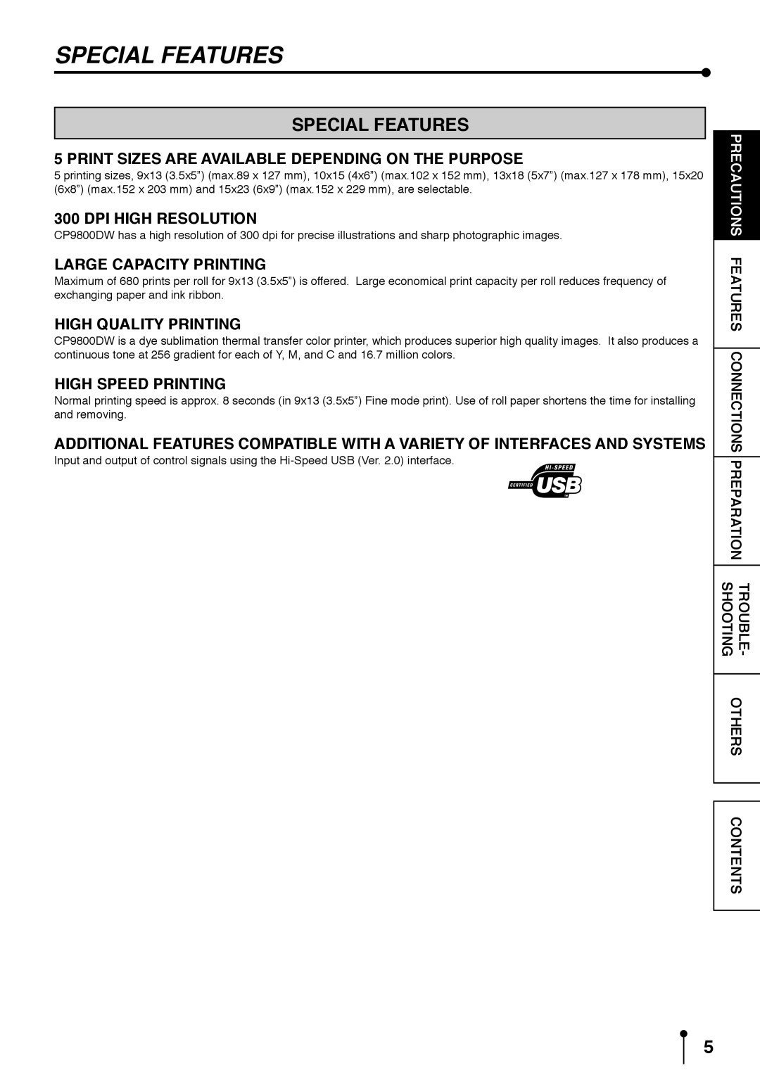 Mitsubishi Electronics CP9800DW operation manual Special Features 