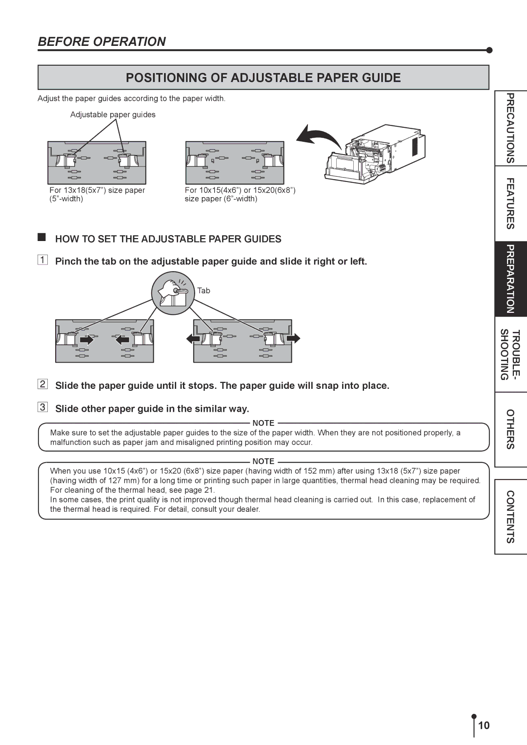 Mitsubishi Electronics CPK60DWS operation manual Before Operation, Positioning of Adjustable Paper Guide 