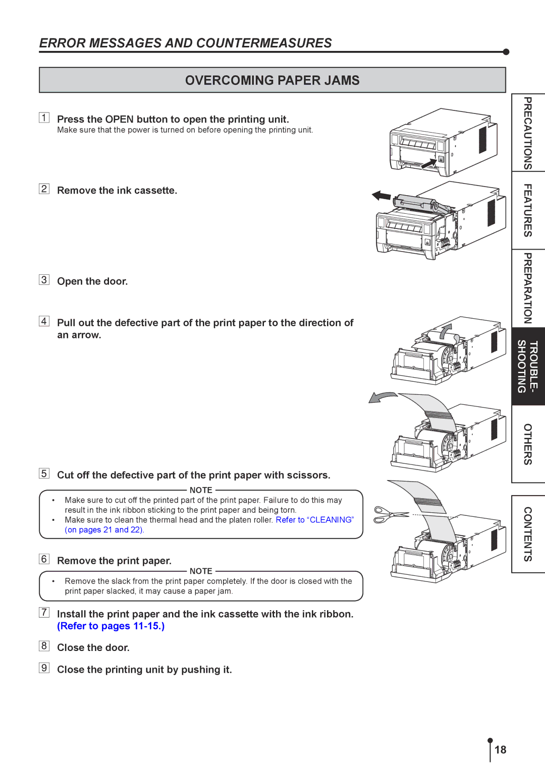 Mitsubishi Electronics CPK60DWS Error Messages and Countermeasures, Overcoming Paper Jams, Remove the print paper 