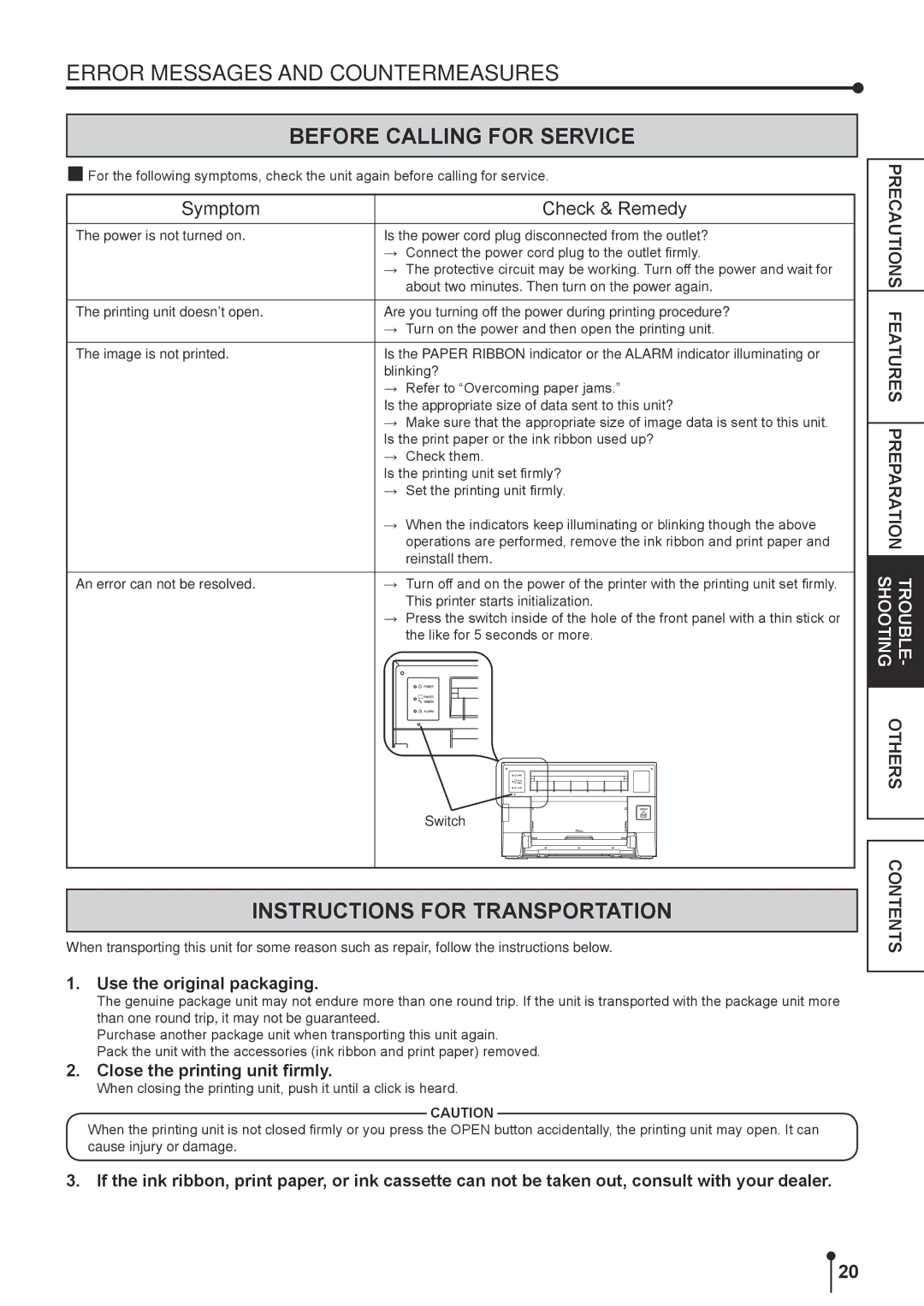 Mitsubishi Electronics CPK60DWS Before Calling for Service, Instructions for Transportation, Use the original packaging 