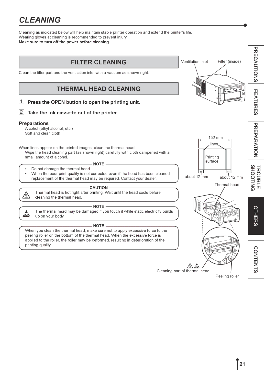 Mitsubishi Electronics CPK60DWS operation manual Filter Cleaning, Thermal Head Cleaning 