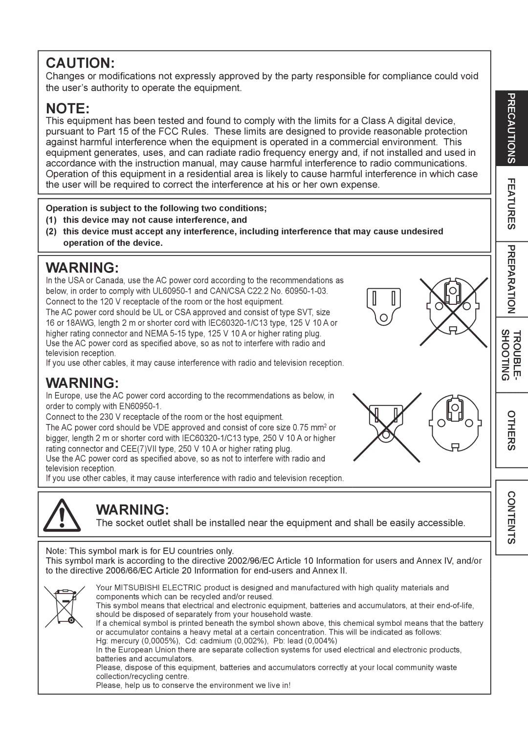 Mitsubishi Electronics CPK60DWS operation manual Contents 