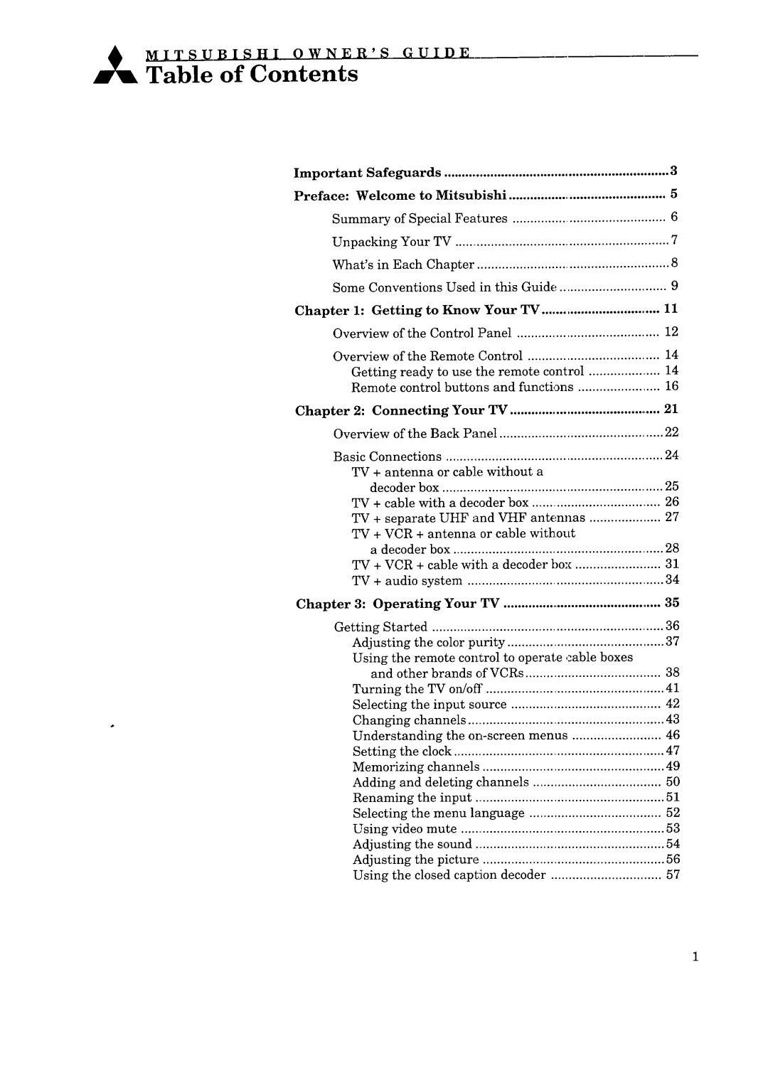 Mitsubishi Electronics CS-35305 manual Chapter Getting To Know Your Overview, Chapter Connecting Your, Adjusting 