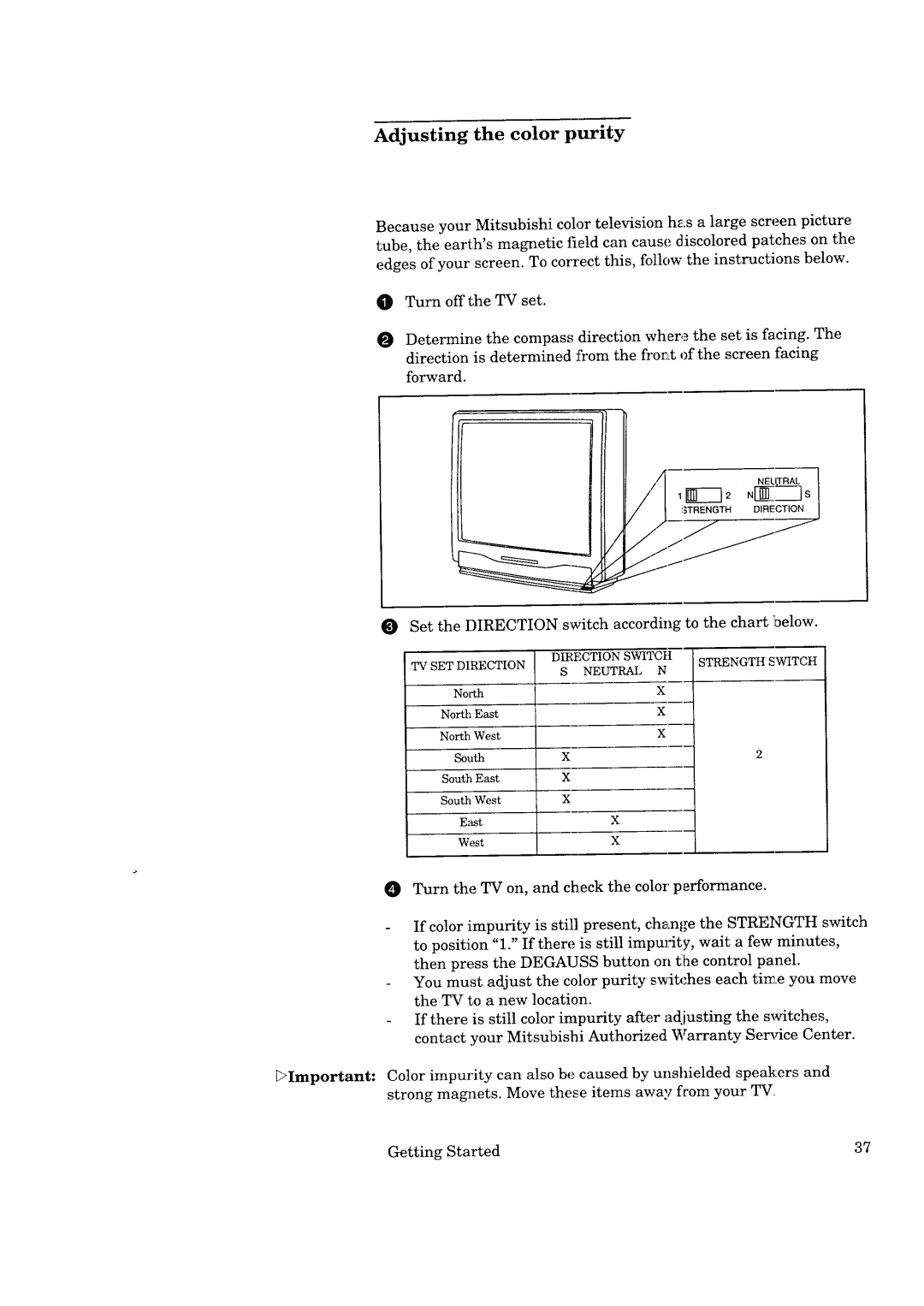 Mitsubishi Electronics CS-35305 manual Adjusting the color purity, Set the Direction switch according to the chart below 