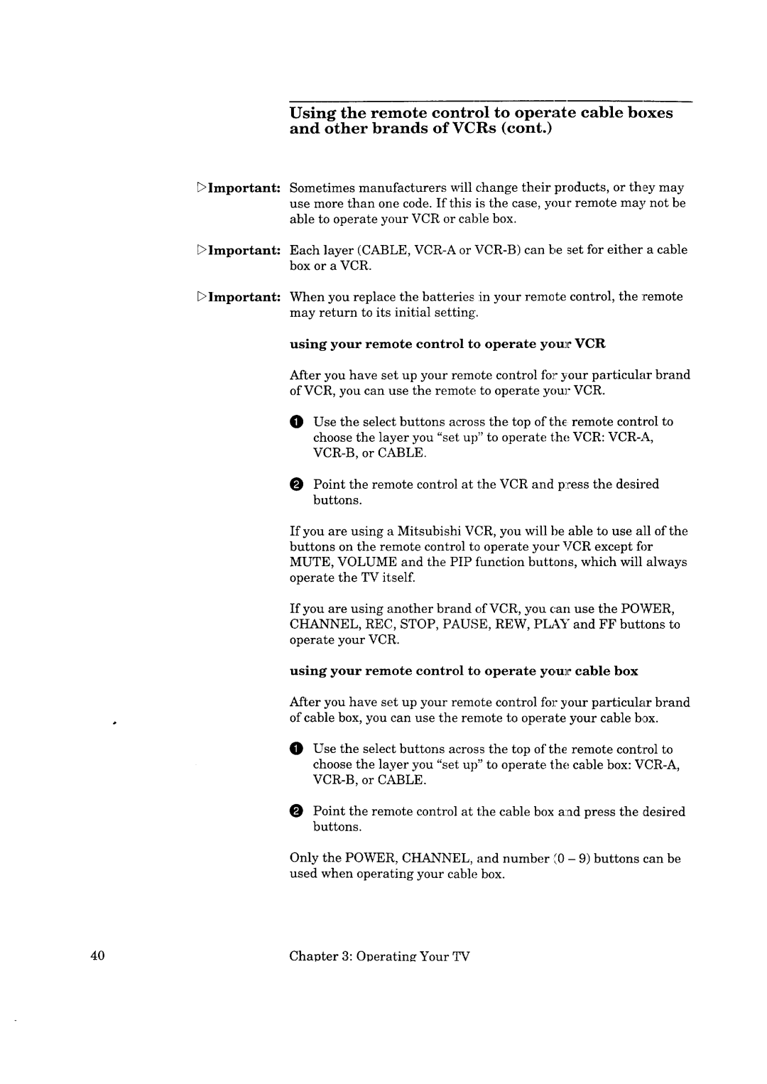 Mitsubishi Electronics CS-35305 manual Using your remote control to operate your VCR 