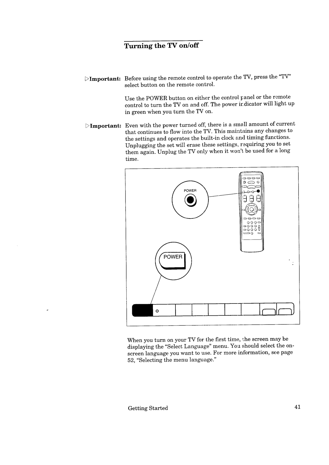 Mitsubishi Electronics CS-35305 manual Turning the TV on/off, Turned off, there 