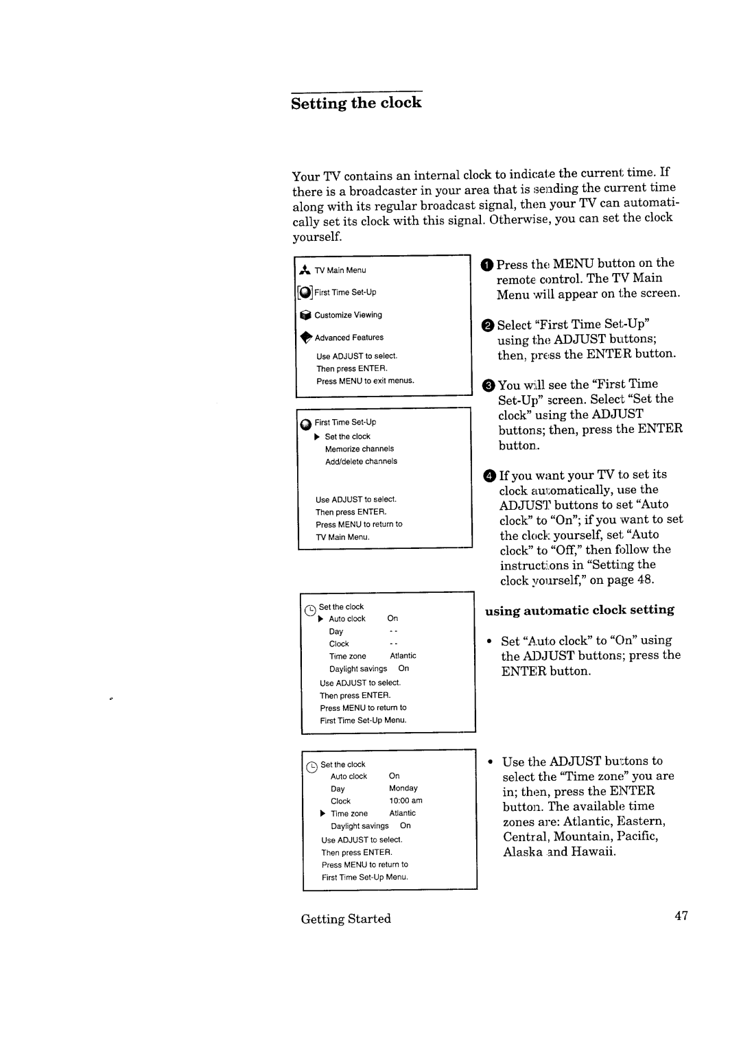 Mitsubishi Electronics CS-35305 manual Setting the clock, Using automatic clock setting 