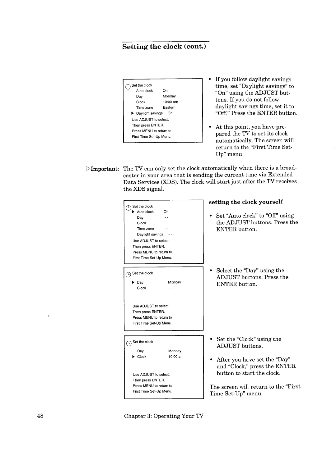 Mitsubishi Electronics CS-35305 manual Setting the clock yourself, Clock 