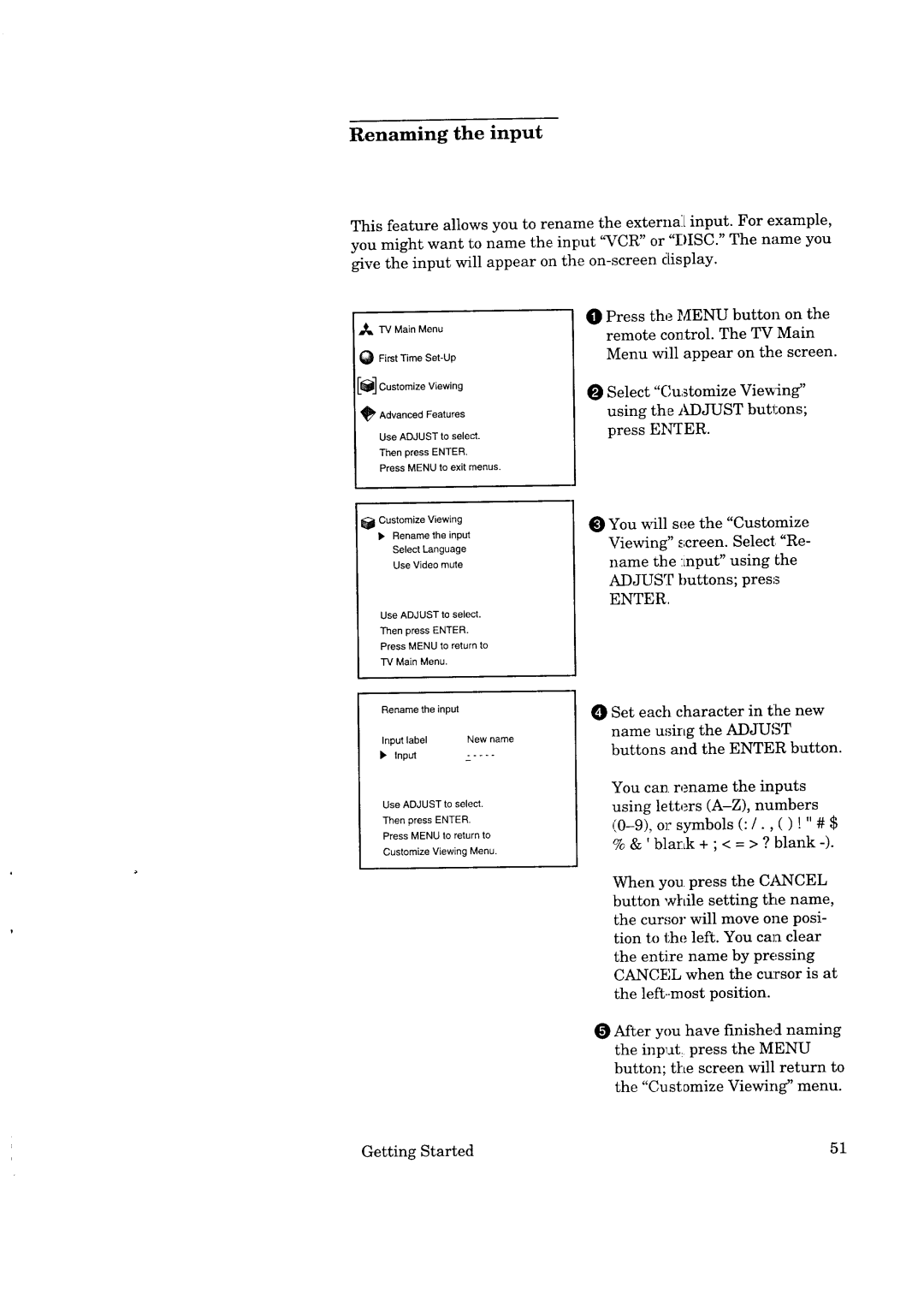 Mitsubishi Electronics CS-35305 manual Renaming the input, Use Adjust to select 