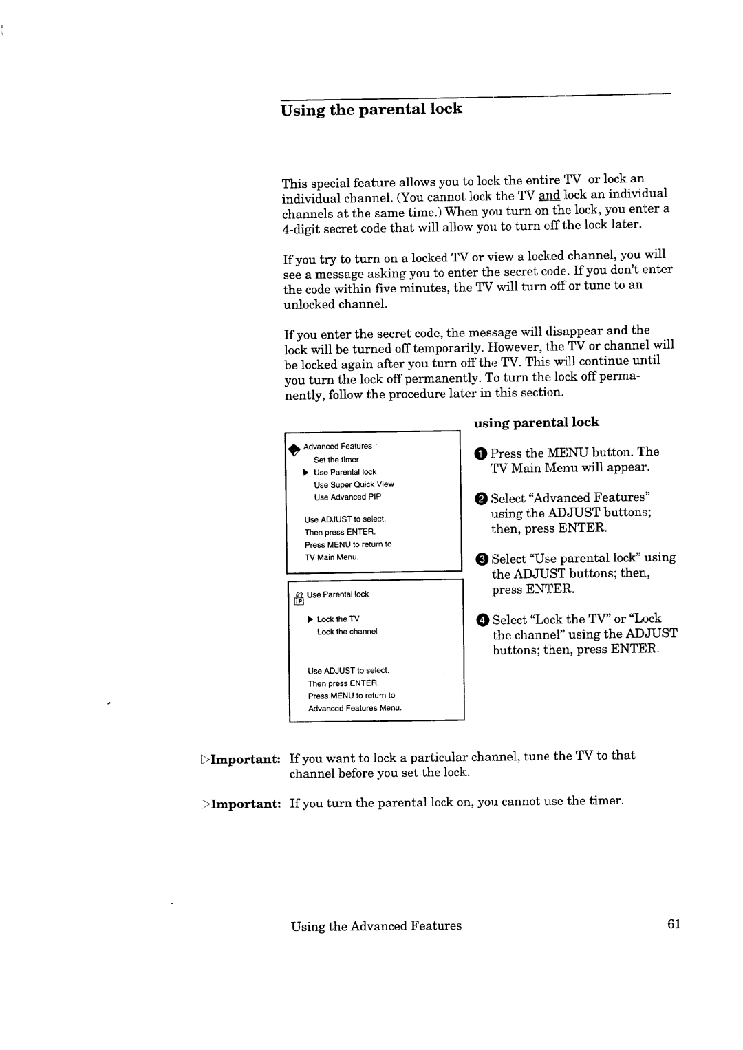 Mitsubishi Electronics CS-35305 manual Using the parental lock, Using parental lock 