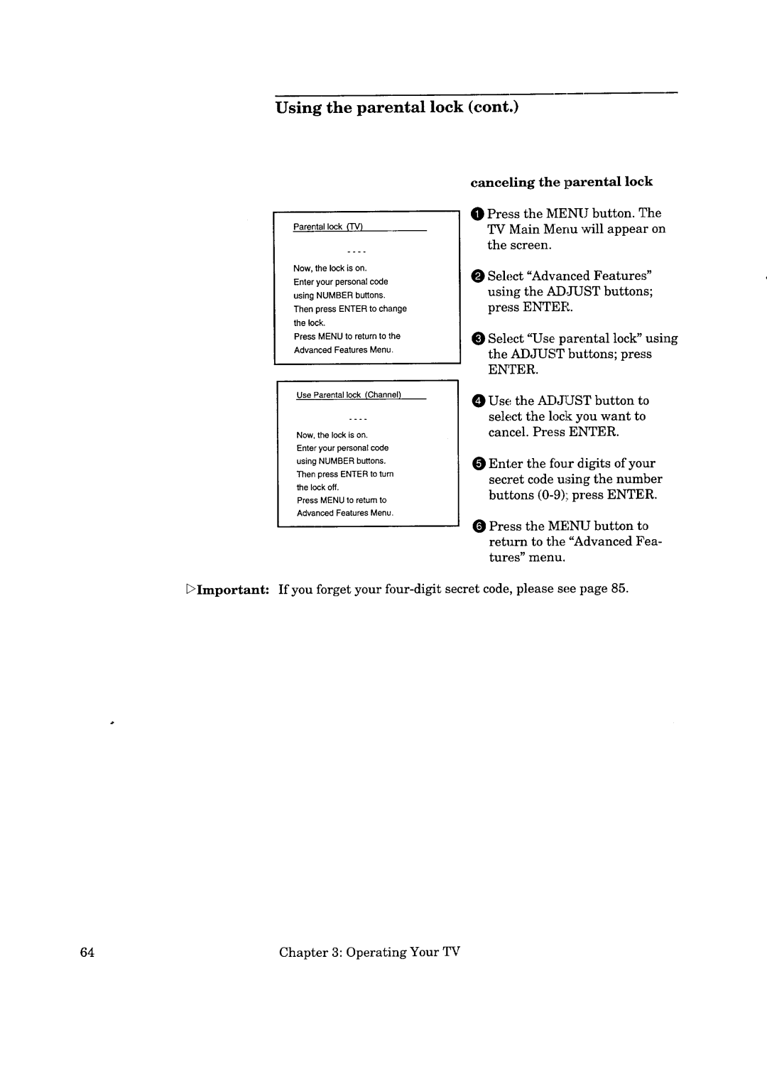 Mitsubishi Electronics CS-35305 manual Canceling the parental lock 