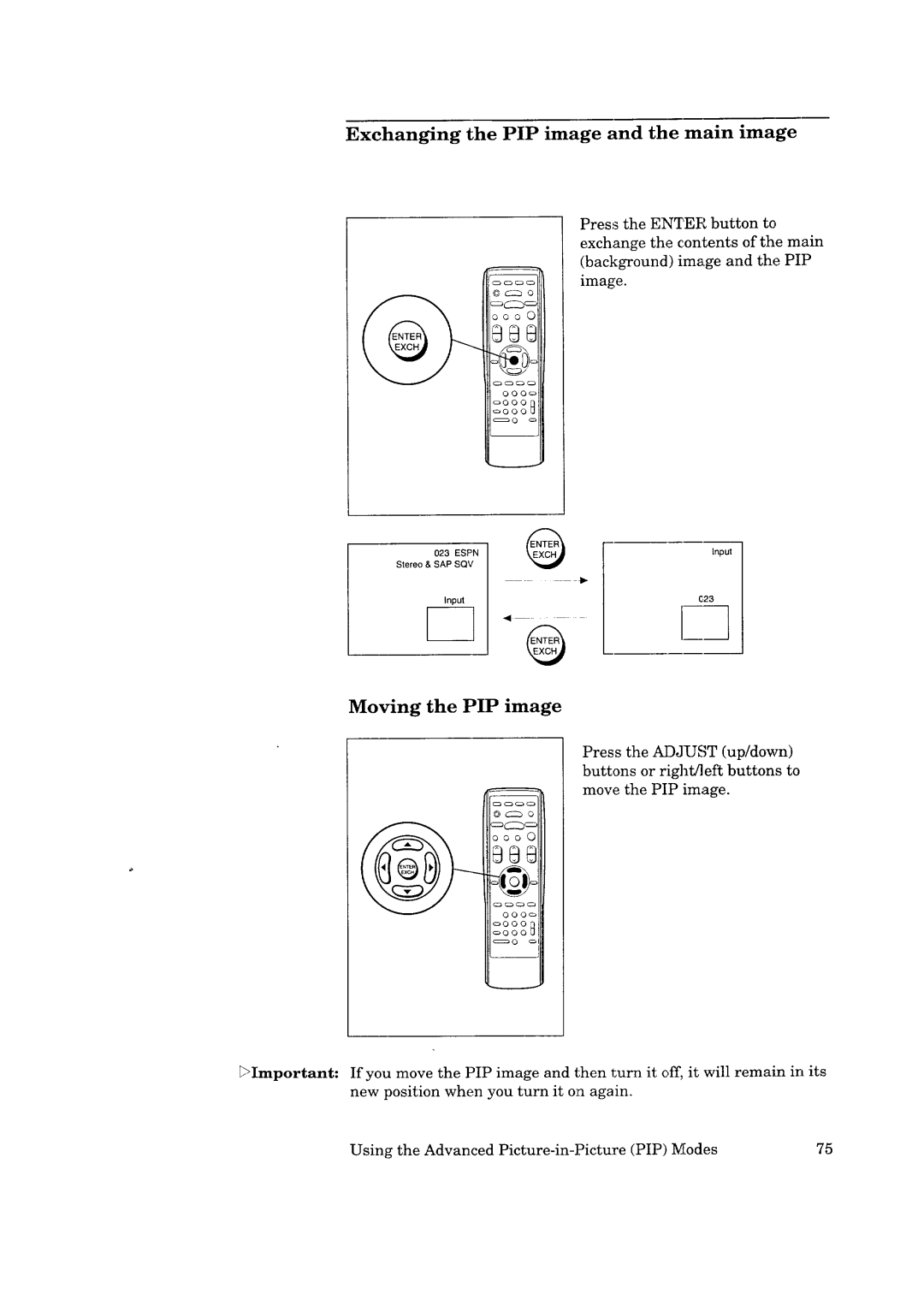 Mitsubishi Electronics CS-35305 manual Exchanging the PIP image and the main image, Moving the PIP image 