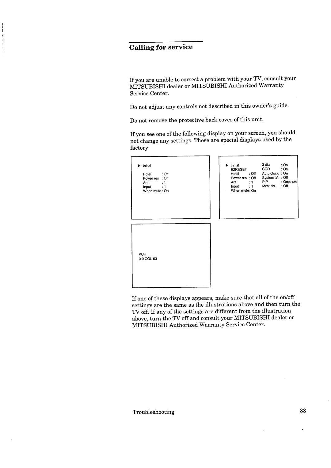 Mitsubishi Electronics CS-35305 manual Calling for service 