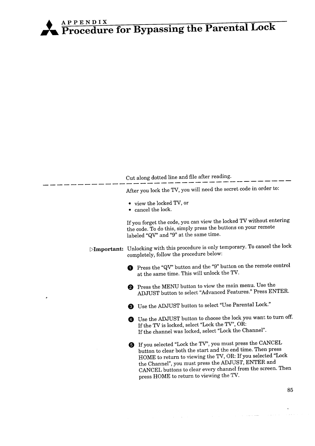 Mitsubishi Electronics CS-35305 manual APPENDIXProcedure for Bypassing the Parental Lock 