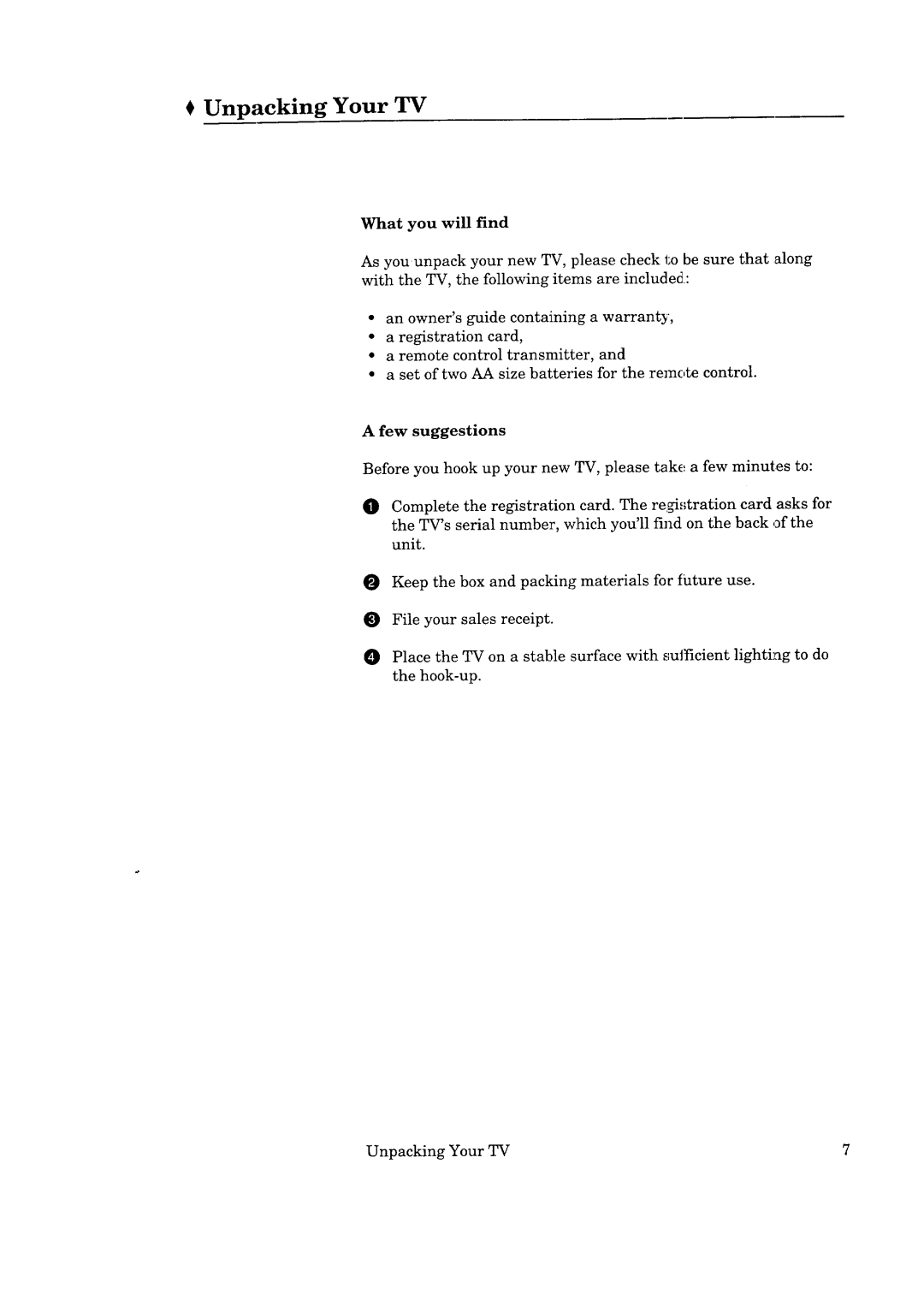 Mitsubishi Electronics CS-35305 manual € Unpacking Your TV, What you will find, Few suggestions 