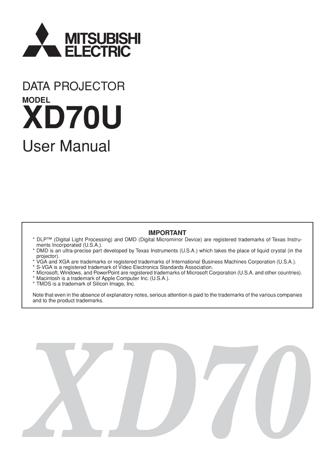 Mitsubishi Electronics DATA PROJECTOR user manual XD70 