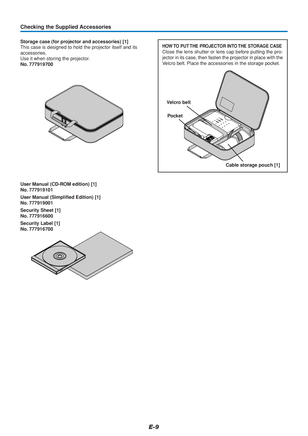 Mitsubishi Electronics DATA PROJECTOR Checking the Supplied Accessories, Storage case for projector and accessories 