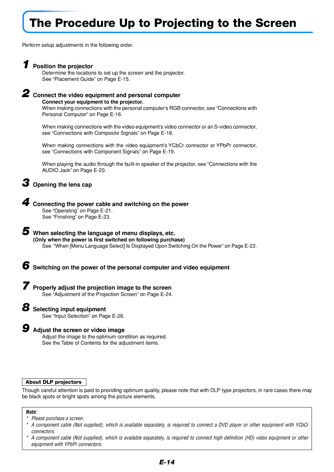 Mitsubishi Electronics DATA PROJECTOR user manual Procedure Up to Projecting to the Screen, Position the projector 