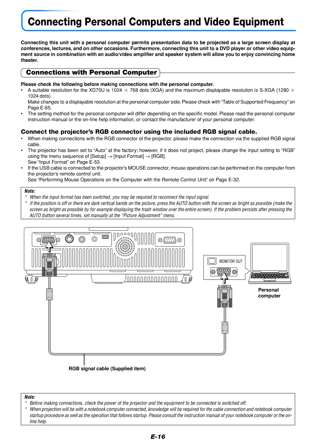 Mitsubishi Electronics DATA PROJECTOR Connections with Personal Computer, Personal computer RGB signal cable Supplied item 