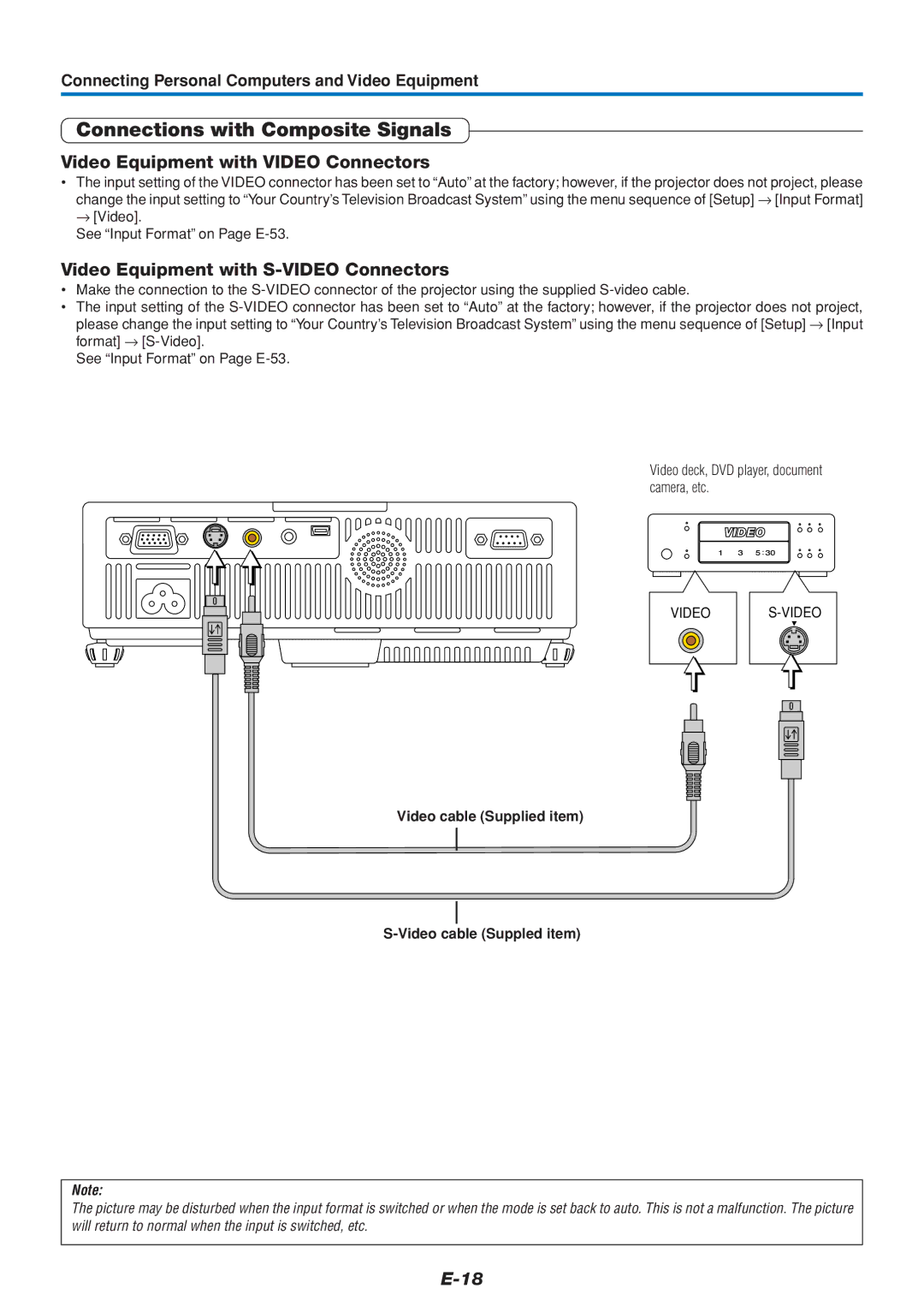 Mitsubishi Electronics DATA PROJECTOR user manual Connections with Composite Signals, Video Equipment with Video Connectors 