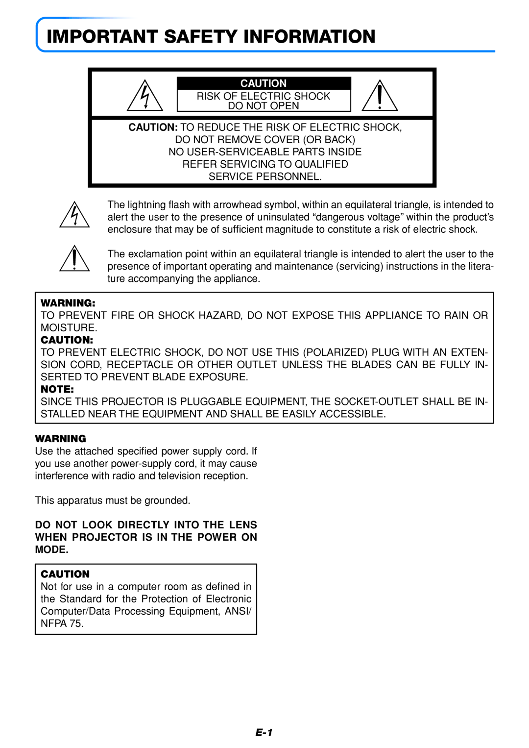 Mitsubishi Electronics DATA PROJECTOR user manual Important Safety Information 