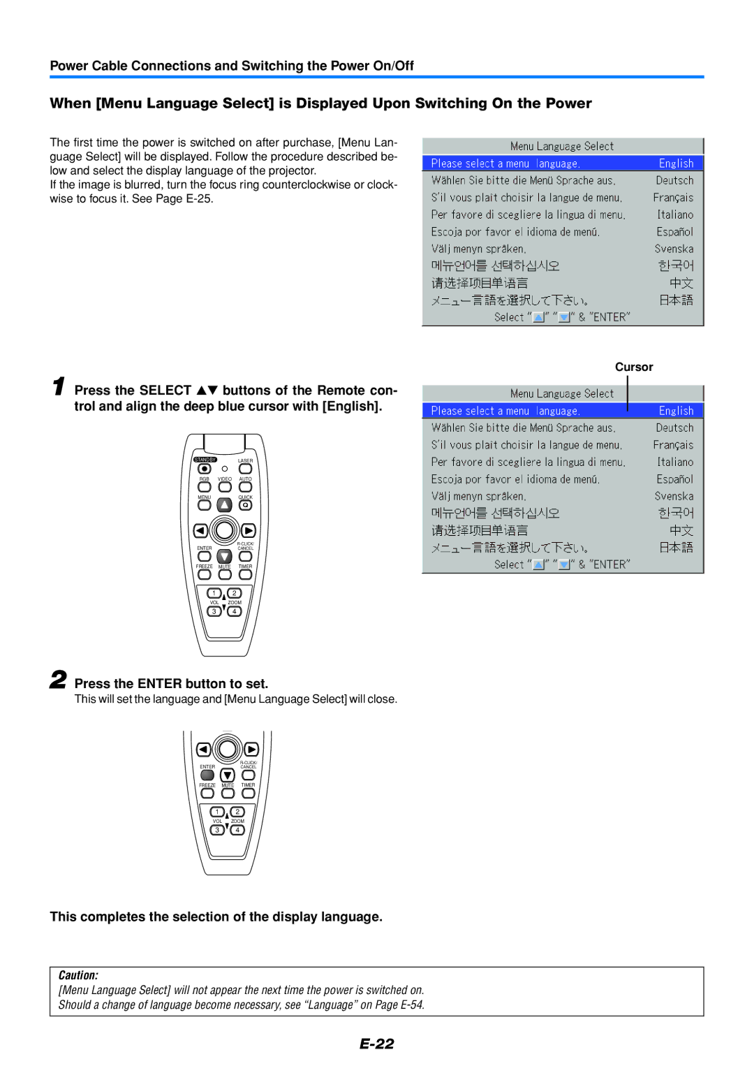 Mitsubishi Electronics DATA PROJECTOR user manual Power Cable Connections and Switching the Power On/Off, Cursor 