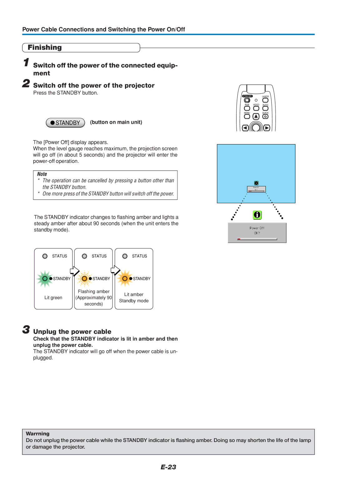 Mitsubishi Electronics DATA PROJECTOR user manual Finishing, Unplug the power cable, Standby button on main unit 