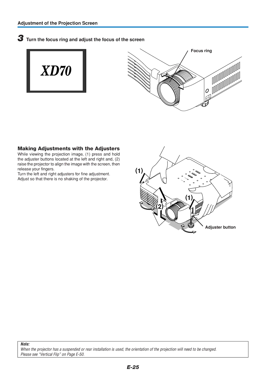 Mitsubishi Electronics DATA PROJECTOR user manual Making Adjustments with the Adjusters, Focus ring, Adjuster button 