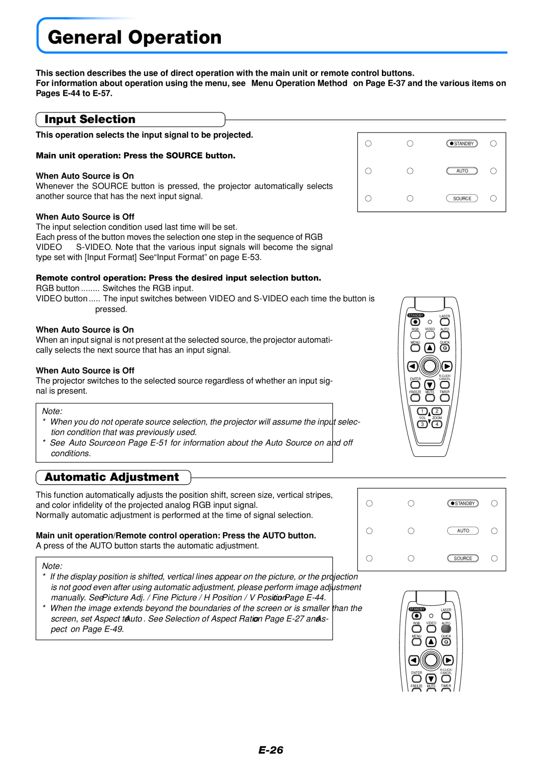 Mitsubishi Electronics DATA PROJECTOR General Operation, Input Selection, Automatic Adjustment, When Auto Source is Off 